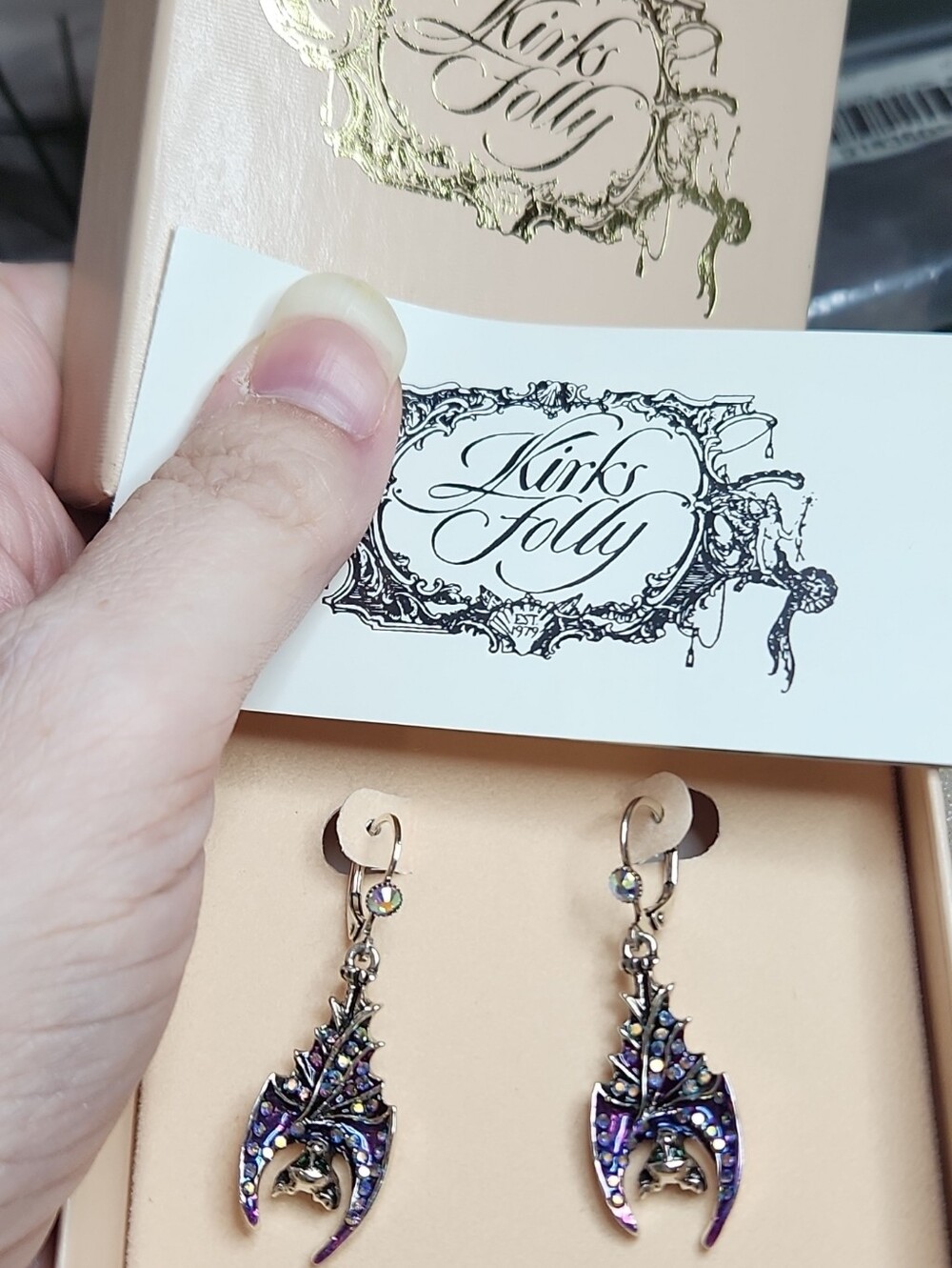 Kirks Folly Purple Boris the Bat Drop Earrings with Iridescent Accents